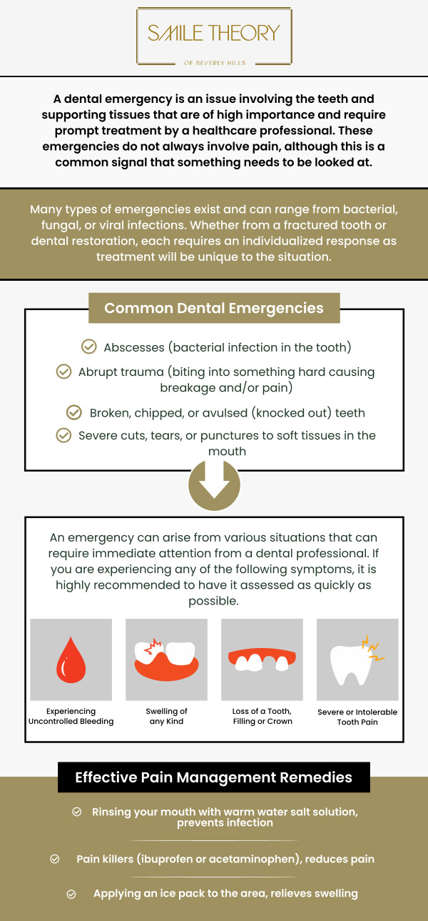 Common questions asked by patients: What is considered a dental emergency? When should I see an emergency dentist? Can an emergency dentist save a knocked-out tooth? What should I do while waiting for emergency care? For more information, contact us or schedule an appointment online. We are conveniently located at 99 North La Cienega Blvd, Suite 301, Beverly Hills, CA 90211.