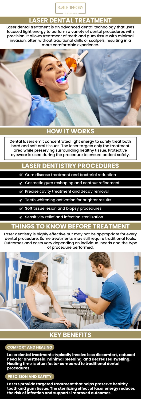 Common questions asked by patients: What is laser dental treatment? What dental procedures can be performed with lasers? How long does laser dental treatment take? What are the benefits of laser dental treatment? For more information, contact us or schedule an appointment online. We are conveniently located at 99 North La Cienega Blvd, Suite 301, Beverly Hills, CA 90211.